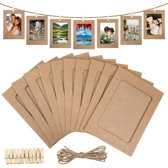 10 Pcs Paper Picture Frames, 4x6 Inch Paper Photo Frame Cardboard Photo Frames with Clips and Strings DIY Clip Hanging Photo Display Holders for Home, Classroom, Office,Wedding(Khaki)