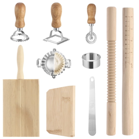10 Pcs Pasta Making Tools Kit, Wood & Stainless Steel Noodle Maker Set, Including Corrugated Rolling Pin with Measurements, Ravioli Stamp Maker, Dumpling Mold for Pasta, Dumplings Lasagna, Pierogi