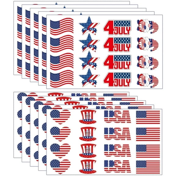 10 Pcs Patriotic Temporary Tattoos, 4th of july decorations, Sweat-Resistant Paper Face Stickers, US 250 Celebration Body Art for Neighborhood Block Parties, Parade Routes & Tailgate Event Centers