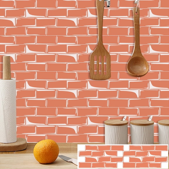 10 Pcs Peel and Stick Backsplash Orange Tiles Wall Stickers Decals 4.7 x 9.5inch Mosaic Brick Waterproof  Self Adhesive Sticker DIY Decor