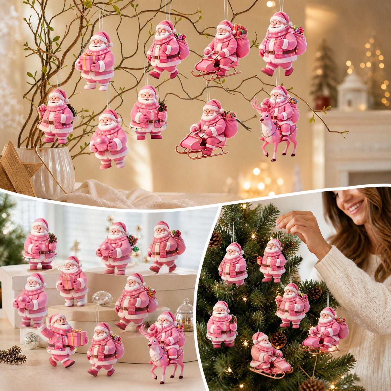 Pinkmas Tree Designs 10 Pcs Pink Christmas Ornaments Pink Santa Claus Hanging Decorations ...
