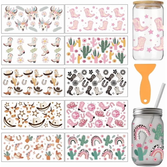10 Pcs Pink Cowgirl Boots Theme Cup Printing UV Transfer Papers 10 Styles Cow Cactus Boots Rainbow PVC DIY Heat Transfer Stickers for 16 OZ Glass Cups Crafts 9.5x4.3inch