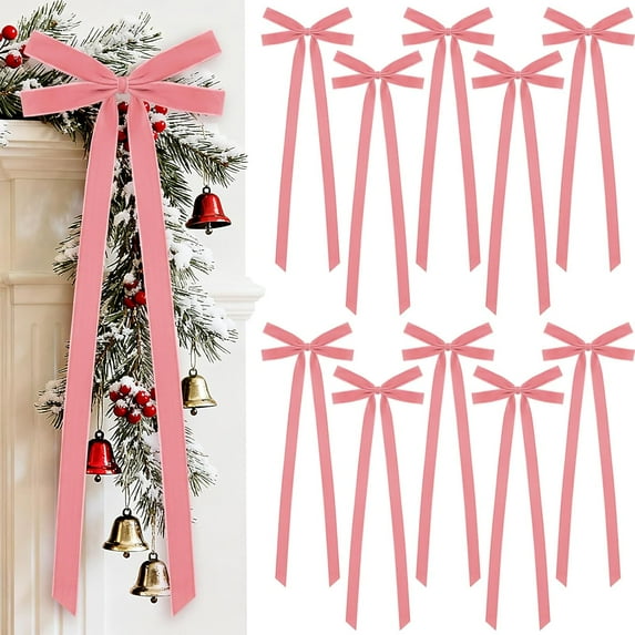 10 Pcs Pink Velvet Bows Large 22x8 Inch Pre-Tied Christmas Velvet Bows Christmas Tree Ornaments Vintage Holiday Decor for Xmas Tree Wreath Garland Banister Staircase Fireplace Door