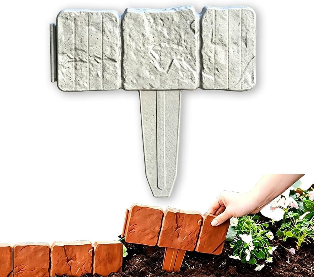 10 Pcs Plastic Garden Edging Border, Stone-Look Interlocking Flower Bed Fence, Weatherproof Lawn Stakes for Yard & Path Landscaping (k)