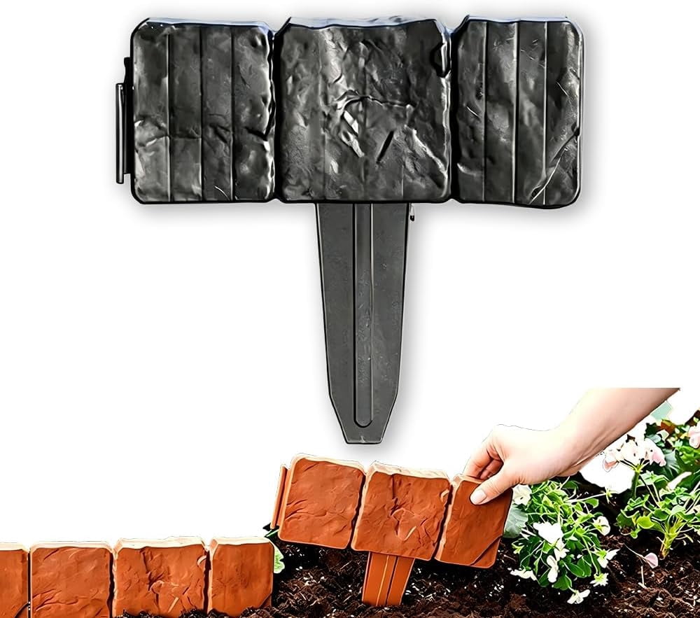 10 Pcs Plastic Garden Edging Border, Stone-Look Interlocking Flower Bed Fence, Weatherproof No-Dig Lawn Stakes for Yard & Path Decor (Black)(k)