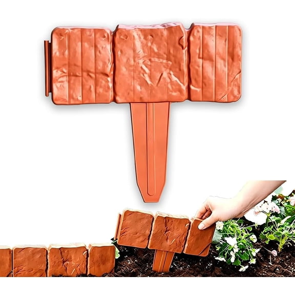 10 Pcs Plastic Garden Edging Border, Stone-Look Interlocking Flower Bed Fence, Weatherproof No-Dig Lawn Stakes for Yard & Path Decor (Red)(k)