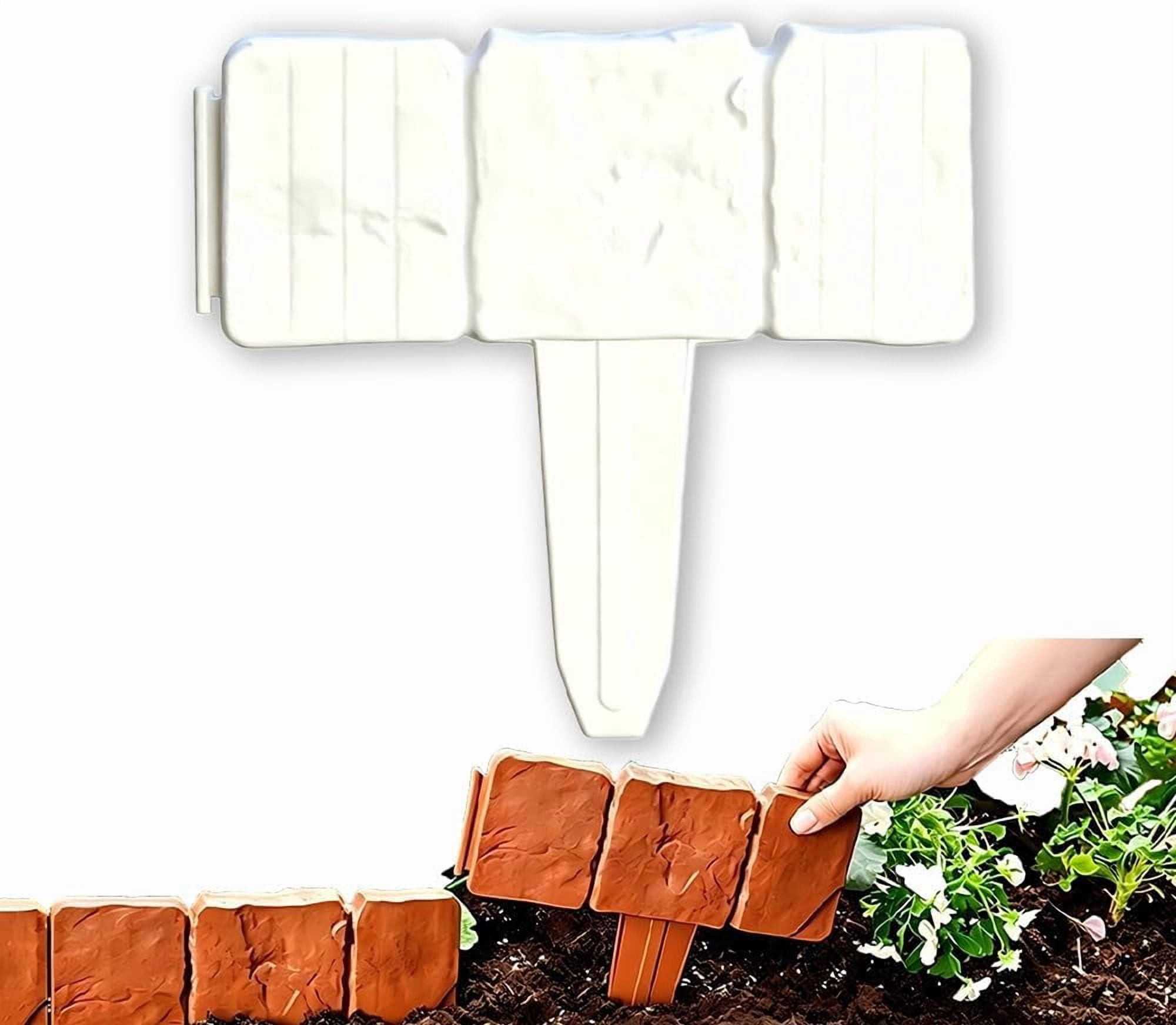 10 Pcs Plastic Garden Edging Border, Stone-Look Interlocking Flower Bed Fence, Weatherproof No-Dig Lawn Stakes for Yard & Path Decor (White)(k)