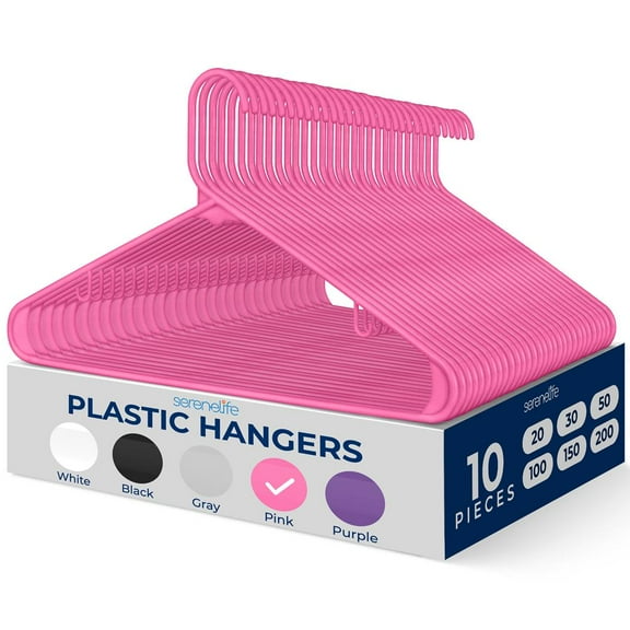 10 Pcs. Plastic Hangers - Non-Slip, Sturdy, and Heavy Duty Coat Set with 360 Swivel Hook for Clothes (Pink)