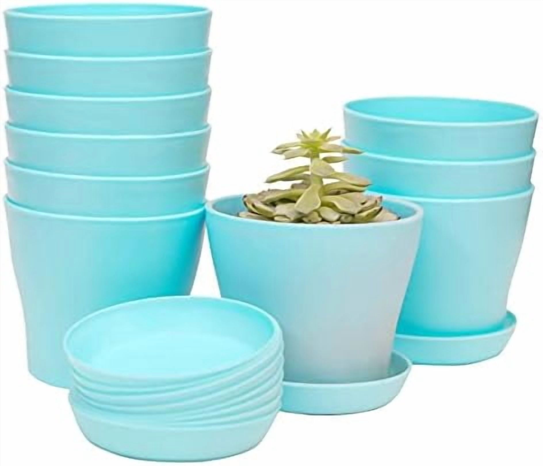 10 Pcs Plastic Planters Indoor Flower Plant Pots, Mini Flower Seedlings Nursery Pot/Planter/Flower Pot with Pallet, Modern Decorative Gardening Containers (Blue)