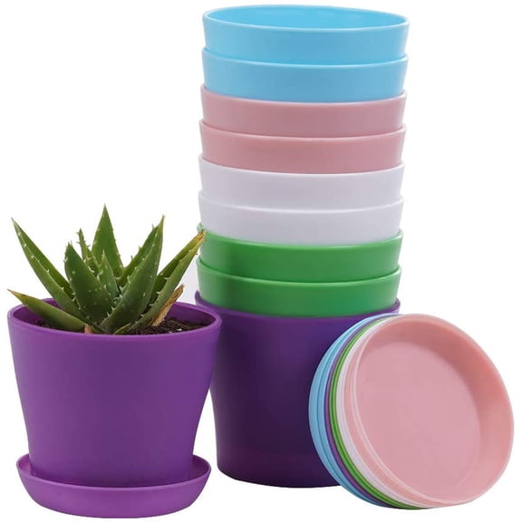 10 Pcs Plastic Planters Indoor Flower Plant Pots, Mini Flower Seedlings Nursery Pot/Planter/Flower Pot with Pallet, Modern Decorative Gardening Containers (Purple)
