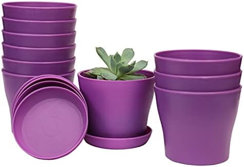 10 Pcs Plastic Planters Indoor Flower Plant Pots, Mini Flower Seedlings Nursery Pot/Planter/Flower Pot with Pallet, Modern Decorative Gardening Containers (Purple)
