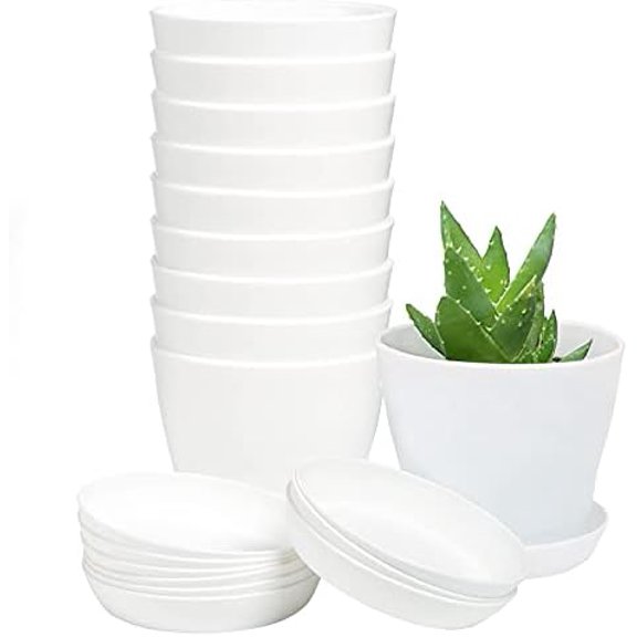 10 Pcs Plastic Planters Indoor Flower Plant Pots, Mini Flower Seedlings Nursery Pot/Planter/Flower Pot with Pallet, Modern Decorative Gardening Containers (White)