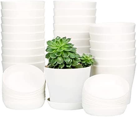10 Pcs Plastic Planters Indoor Flower Plant Pots, Mini Flower Seedlings Nursery Pot/Planter/Flower Pot with Pallet, Modern Decorative Gardening Containers (White25)