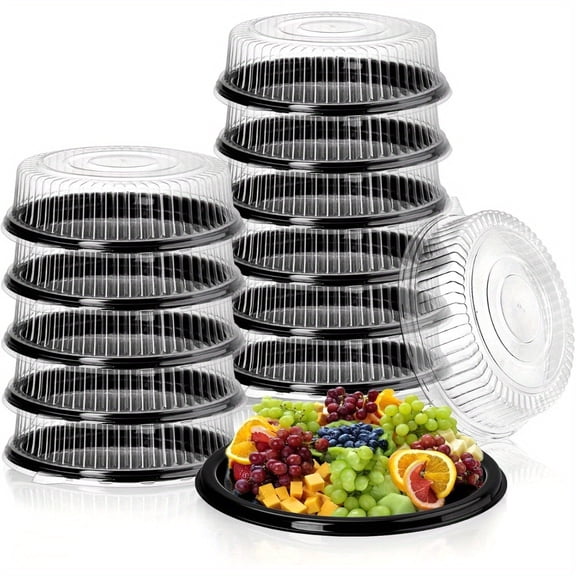 10 Pcs Plastic Serving Tray with Lid, 12" Plastic Disposable Food Serving Platters with Clear Dome Lids, Stackable Round Trays for Party, Takeout Food, Catering, Picnic