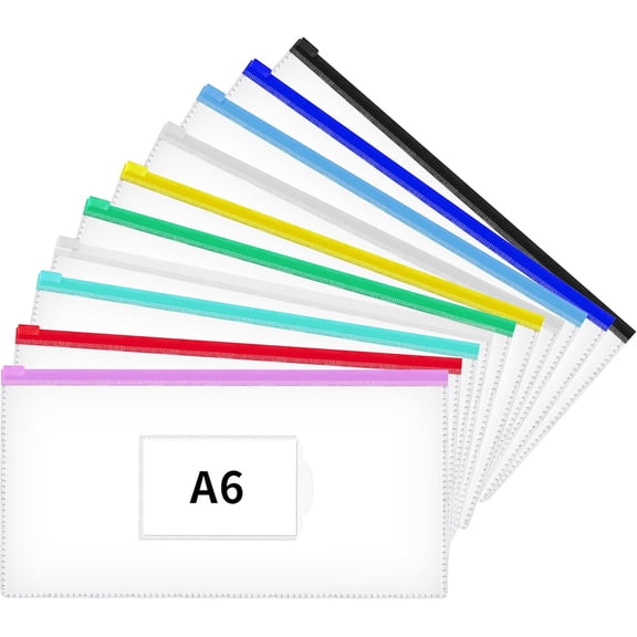10 Pcs Poly Zip Envelope, A6 Size (9 x 4.7in) Plastic Zipper Pouches with Label Pocket, Colors, Reusable Clear Pencil Bags for Office Supplies