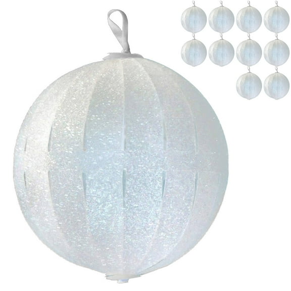 10 Pcs Pop-up Glitter White Christmas Ball Ornaments 3.5" Collapsible Large Plastic Xmas Tree Set Shatterproof