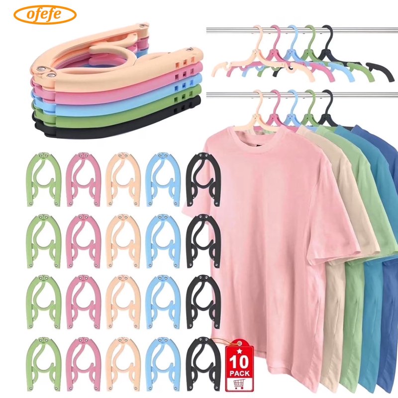 OFEFE 10 Pcs Portable Foldable Travel Hanger Organizer,Foldable for Suitcase,Plastic Travel Accessories Essentials Clothes Drying Rack Folding Hangers