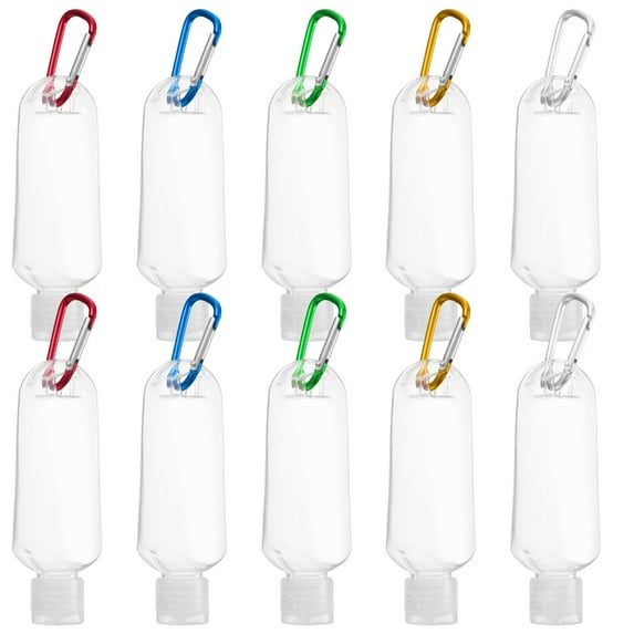 10 Pcs Portable Travel Plastic Clear Keychain Bottles, Leakproof Refillable Empty Bottles Squeeze Containers Turn-over Cap Small Travel Bottles with Hook Carabiner Belt Clips 50ml