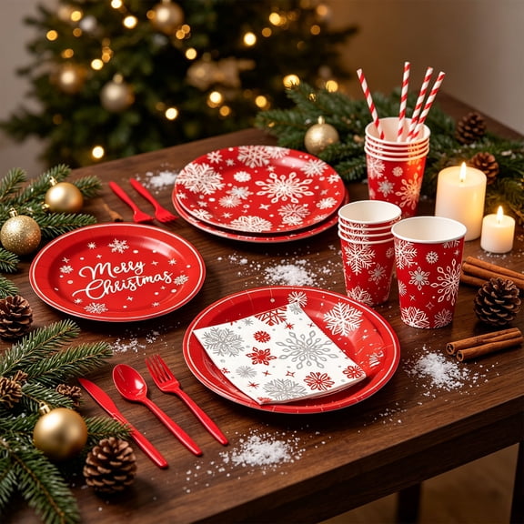 10 Pcs Premium Disposable Christmas Dinnerware Set, Classic Elegant Snowflake Print Eco-friendly Food Grade Thickened Save Time Paper Dinnerware Set for Holiday Party Home Daily BBQ Hosting