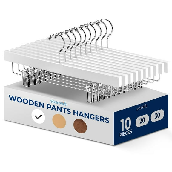 10 Pcs. Premium Wooden Pants Hangers - Heavy Duty Hanger Set with Chrome 360° Swivel Hook and Adjustable Steel Clips, Ideal for Jeans, Slacks, Skirts, and Shorts (White)