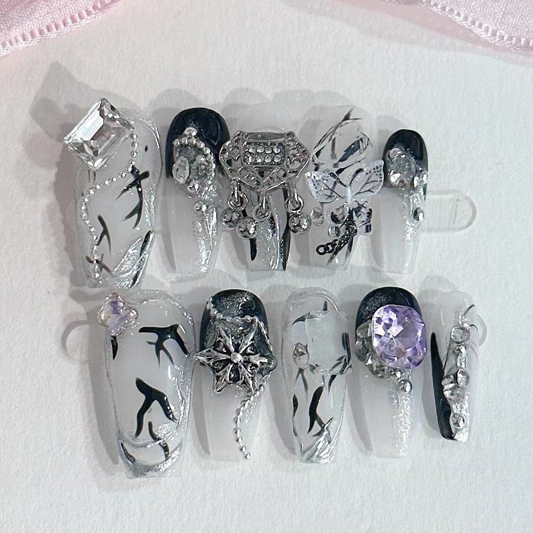 10 Pcs Press on Nails Long, Handmade Violet Fake Purple Full Cover False Nails with Rhinestone Designs Extra Long Glue on Nails Acrylic Nails for Women and Girls