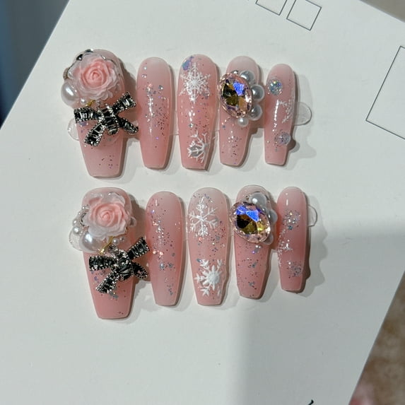 10 Pcs Press on Nails Long, Handmade Violet Fake Purple Full Cover False Nails with Rhinestone Designs Extra Long Glue on Nails Acrylic Nails for Women and Girls