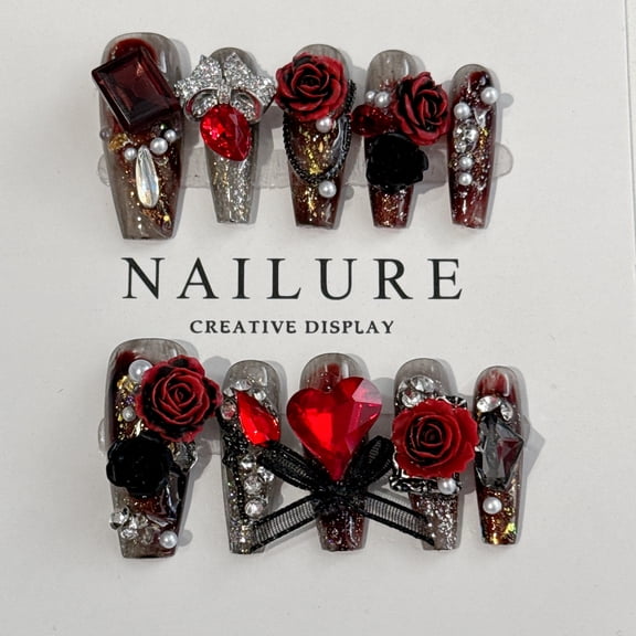10 Pcs Press on Nails Long, Handmade Violet Fake Purple Full Cover False Nails with Rhinestone Designs Extra Long Glue on Nails Acrylic Nails for Women and Girls