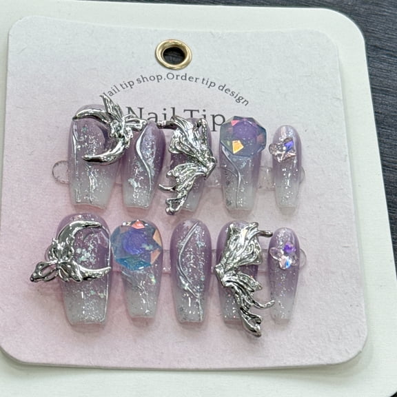 10 Pcs Press on Nails Long, Handmade Violet Fake Purple Full Cover False Nails with Rhinestone Designs Extra Long Glue on Nails Acrylic Nails for Women and Girls