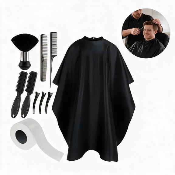 10 Pcs Professional Barber Cape Set, 55x47 Inch Haircut Apron with Brush, Combs, Clips, and Neck Strip