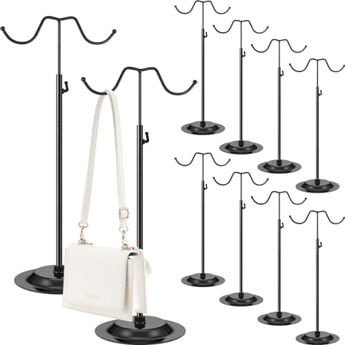 10 Pcs Purse Holder Adjustable Handbag Display Stand Double Hook Metal Bag Hanger Jewelry Display Rack for Handbags Wig Hat Closet Boutique Tabletop Store Retail Use (Black)