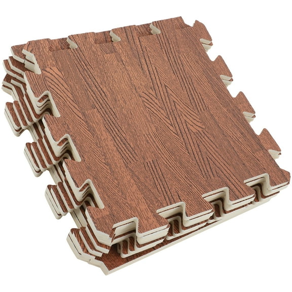 10-Piece Puzzle Floor Mats Set, Anti-Footprint Wood Grain Exercise Flooring for Home Gym, Living Room, Playroom Brown