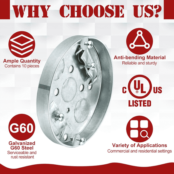 10 Pcs R 4" Round Shallow Electrical Box Pancake Electrical Ceiling Fan Box with 1/2" Deep 1/2" Bottom Knockout for Ceiling Fan Wall Lighting Fixture with Retaining Clip Galvanized Steel