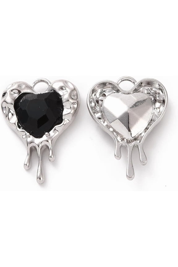 10 Pcs Rack Plating Alloy Glass Heart Pendants Platinum Tone Melting Heart Charms Black Pendants Jewel for Women Jewelry DIY Necklace Bracelet Craft Making 24x17x5mm Hole: 2.5mm