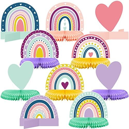 10 Pcs Rainbow Honeycomb Centerpiece Rainbow Teamed Birthday Party Table Decoration Supplies Pastel Table Sign Boho Decor Heart Paper Centerpiece for Summer Baby Shower Wedding Decor
