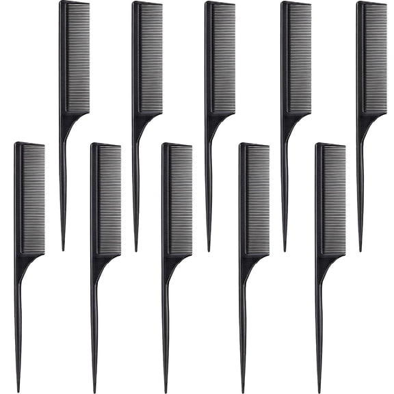 10 Pcs Rat Tail Combs Set, Parting Comb Braiding Hair Styling Teasing Fine Tooth Comb for Women, Carbon Heat Resistant Anti Static Pintail(Black)