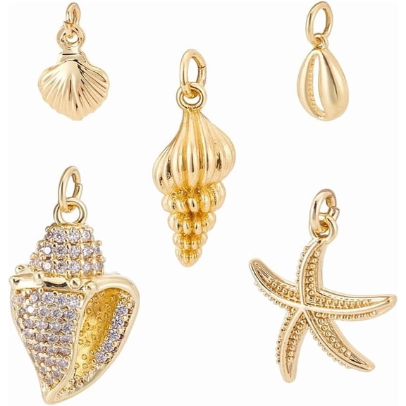 10 Pcs Real 18K Gold Plated Sea Life Shell Charms 5 Styles Brass Golden Sea Animal Charms Summer Hawaii Scallop Shell Starfish Charms