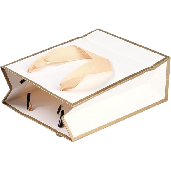10 Pcs Rectangle Paper Bags with Ribbon Handles White Reusable Paper Gift Bags for Birthday Wedding Bridal Shower