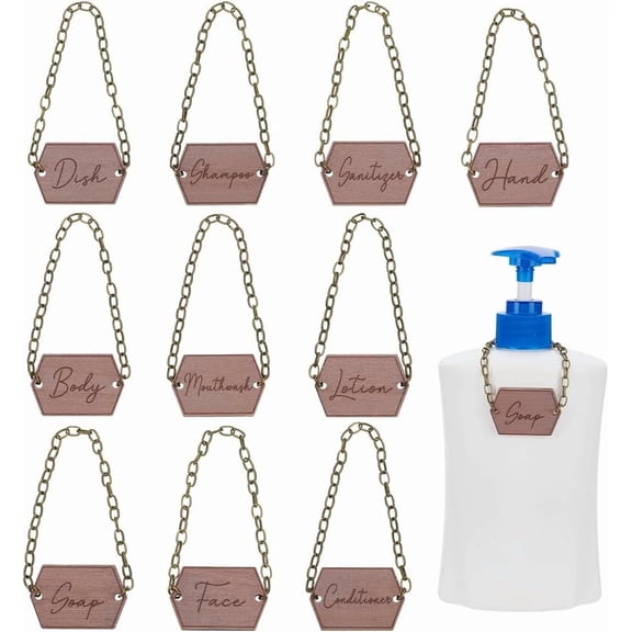 10 Pcs Rectangle Wooden Bathroom Labels Bottle Decor Tag with Iron Cable Chain Bronze Wooden Bottles Label Dish Hand Soap Lotion Shampoo Conditioner Body Face Mouthwash