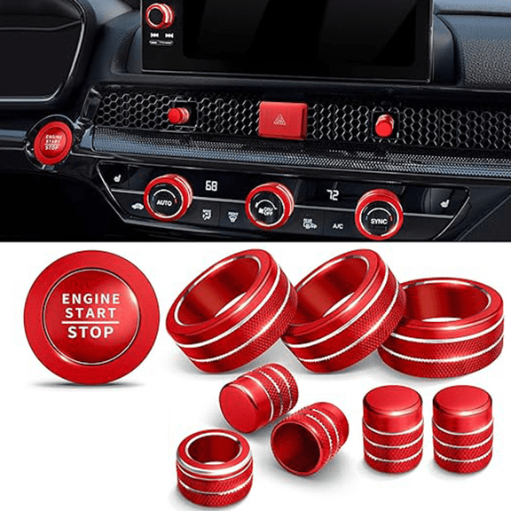10 Pcs Red Aluminum Alloy Trim Kit, AC Knob Trim Loop and Engine Start Button Cover, Accessories Compatible with 2023-2024 Honda CR-V HR-V Interior Decor