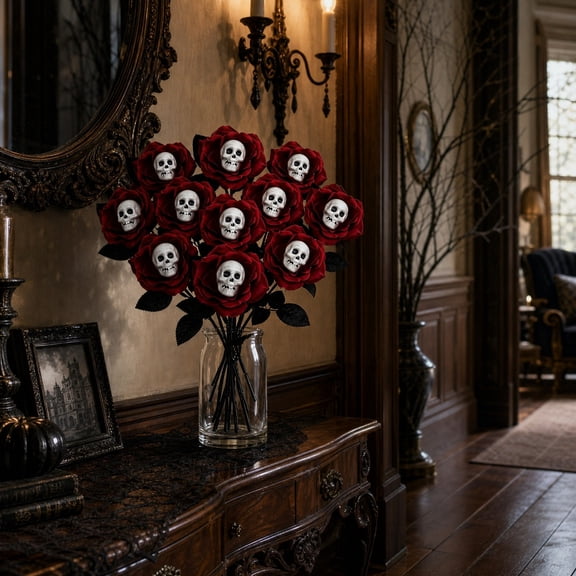 10 Pcs Red Roses with Skull Head, Halloween Artificial Red Flowers Faux Red Roses Silk Rose Flower Bouquet, Fake Red Rose for Party Arrangements Halloween Wedding Home Decoration