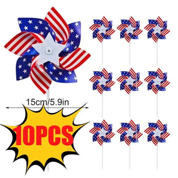 10 Pcs Reflective Pinwheels Patriotic Decorations, USA Flag on Stick Wind Spinner with Stake for Independence Day, Memorial Day July of 4th Party Supplies, Scare Birds Repellent Devices(B,5.9in)