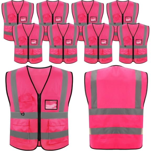 10 Pcs Reflective Vest, High Visibility Construction Vest, Reflective Vests with Pockets and Zipper, Work Vests for Men Women(Pink)