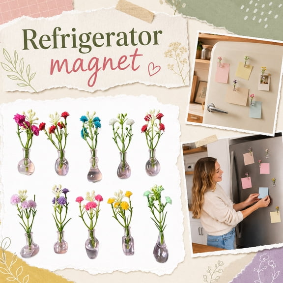 10 Pcs Refrigerator Magnets - Cute Mini Glass Vase Fridge Magnets with Artificial Flowers, Funny Tiny Vase Magnet for Fridge Decorative, Office, Kitchen, Locker