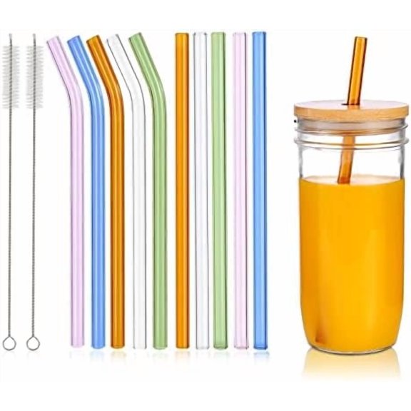 10 Pcs Reusable Glass Drinking Straws,9.05''x10 mm Colorful Glass Straws for Beverages,Milkshakes,Tea, Juice,Set of 5 Straight and 5 Bent with 2 Cleaning Brushes -Dishwasher Safe