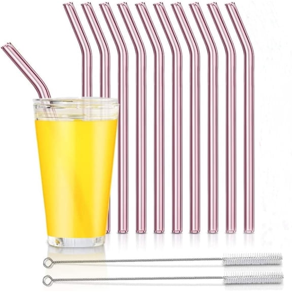 10 Pcs Reusable Glass Straws, Trianu Clear Glass Drinking Straw with 2 Cleaning Brushes Perfect for Smoothies, Milkshakes, Tea, Juice - Dishwasher Safe, Pink
