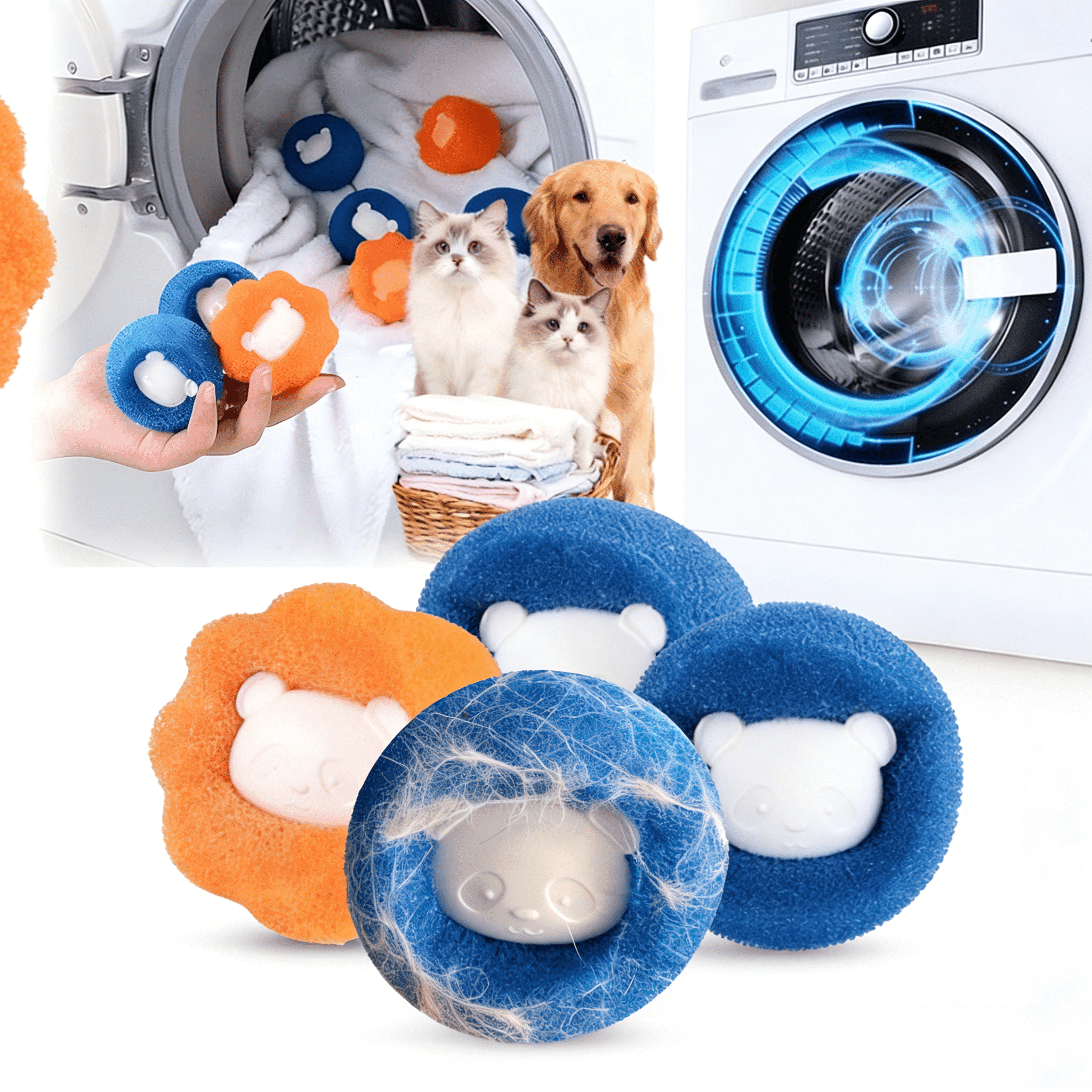 washing machine drum with kitchen sponge and plastic hair curlers for pet hair trapping