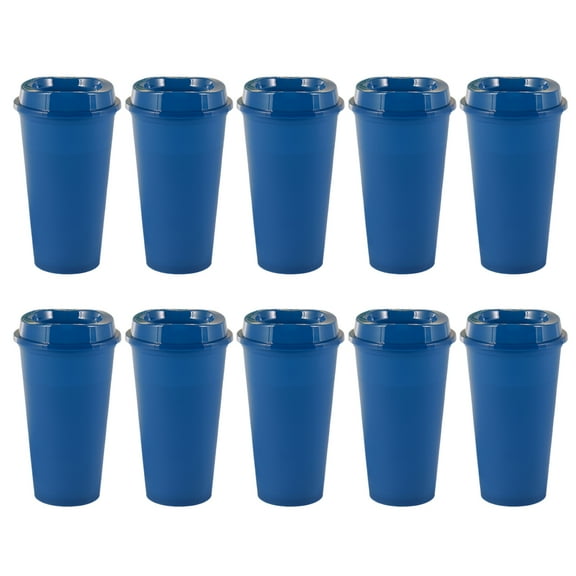 10 Pcs Reusable Plastic Coffee Cups, 16 oz, Travel Mug with Lid, Leak Proof, Spill Proof, for Hot and Cold Drinks - dark blue