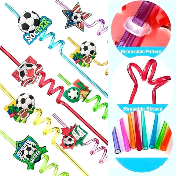 10 Pcs Reusable Plastic Football Straws, Novelty Crazy Curly Drinking Straws for Kids Birthday Party Favors, Soccer Theme Party Decorations and Gifts