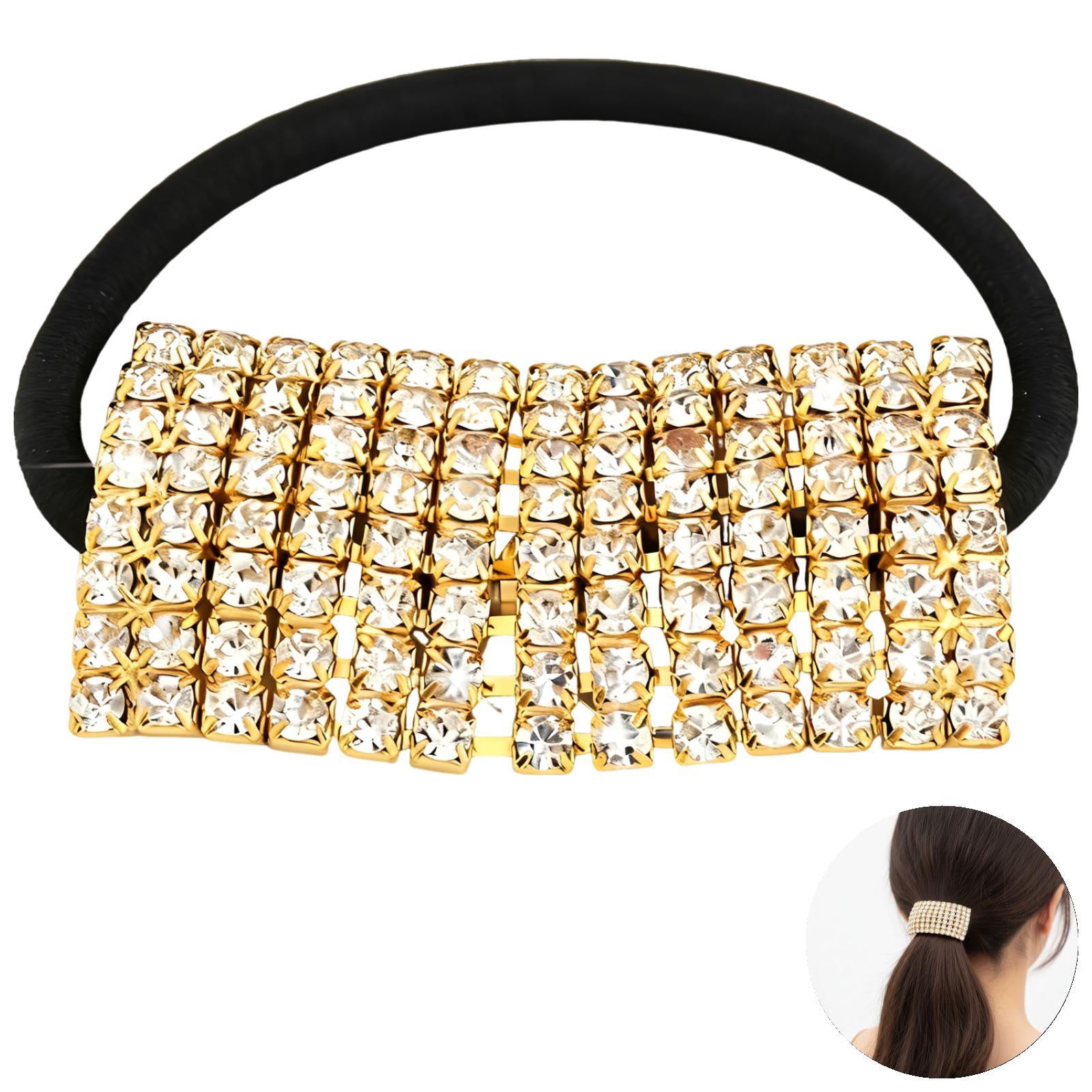 10 Pcs Rhinestone Hair Ties, Elastic Crystal Design Hair Accessories with Sparkling Gold Silver Metal Decor, Ponytail Holders for Women, 1.95 x 1.05 in Gem Decor, 0.42 oz Each