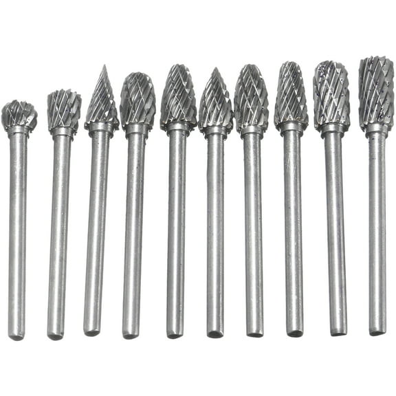 RUNROTOO Cone Shape Die Grinder Bits Carbide Rotary Burrs Set Silver 10Pcs 2.0X0.24X0.24in